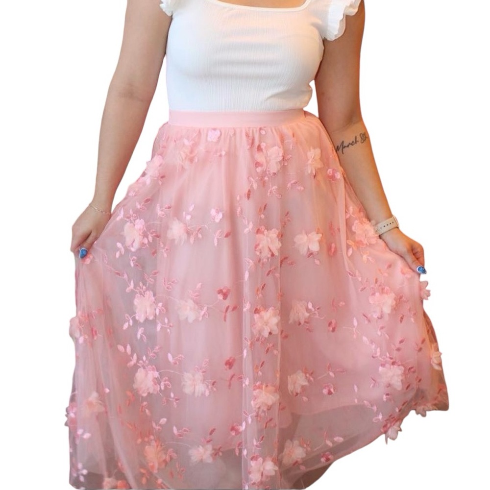 APRICOT LANE PINK 3D FLOWER TULLE MIDI SKIRT WOMENS
